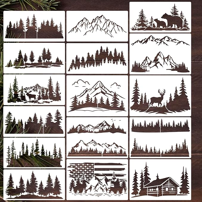 Pine Tree & Mountain Animal Stencils for Wood Burning, Painting & Decorating, 16pcs Reusable & Washable PET Plastic, 12x8 & 12x6 Inch