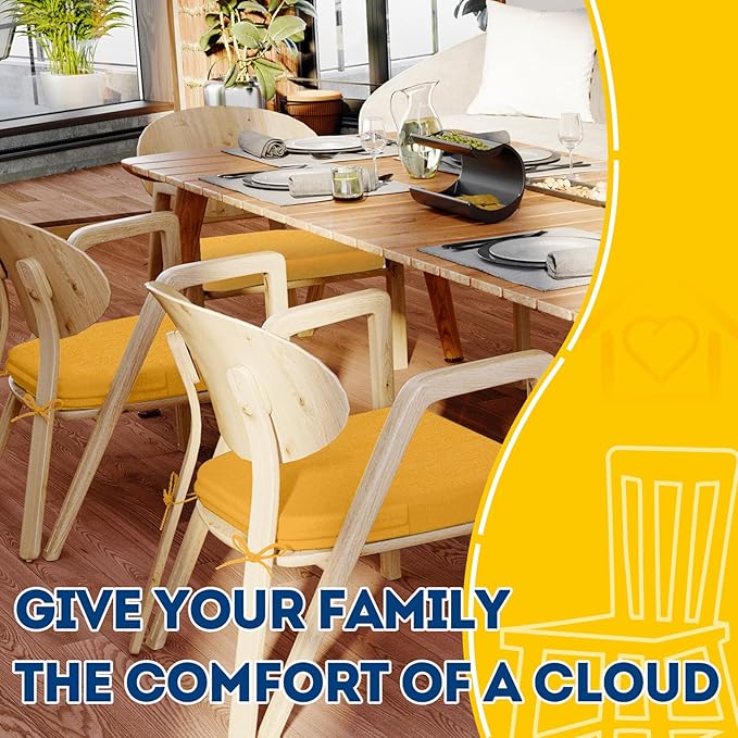 AAAAAcessories D-Shaped Chair Cushions, 2" Thick Dining Chair Pads with Ties and Removable, Machine-Washable Cover, 17" x 16", Set of 8, Golden Yellow