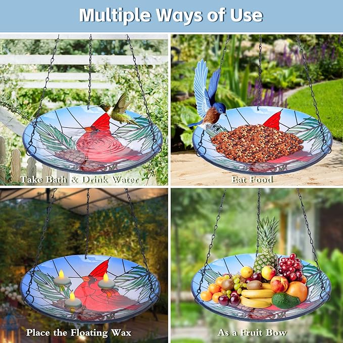 MUMTOP Hanging Bird Baths for Outdoors - Glass Bird Bath, 11 Inch Hanging Bird Bath Cardinal Bird Feeder Bowl for Outside, Garden, Lawn Yard Decor(Blue)