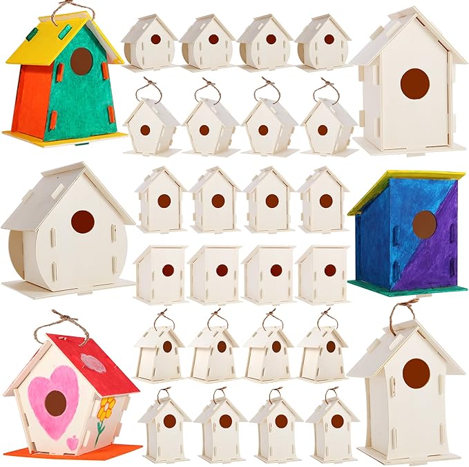 ILHSTY 30 Pack Large DIY Wooden Bird Houses Kits for Kids, Kids Crafts Wood Houses for Parties, DIY Crafts and Art Birdhouse Kits for Children to Build and Design