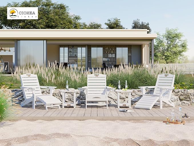 Ciokea Folding Adirondack Chair Set of 6 with Retractable Ottoman Fire Pit Patio Chair with Pull Out Foot Rest Weather Resistant Lawn Outdoor Chair with 2 Cup Holder (White)