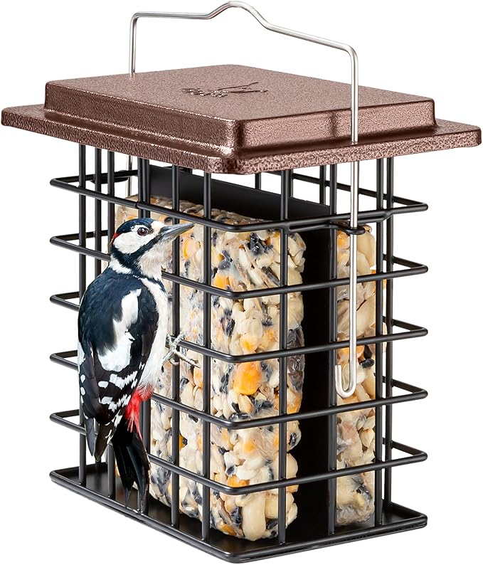 iBorn Double Suet Feeder for Outside Hanging,Weatherproof Suet Feeders,Suet Holder with Taller Grid for Woodpecker, Suet Cage Bird Feeders for Outdoors (Coffee, 6 Inch,1 Pack)