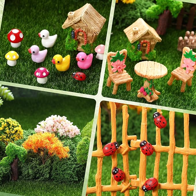 68 Pcs Fairy Garden Accessories Mini Resin Animals Figures Miniature Ducks Mushroom Ladybug Table and Chairs Bridge Pond Fence Moss Bonsai Landscape Ornaments Kit for Garden DIY Craft
