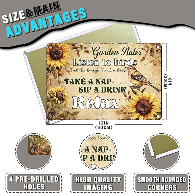 PEACHGARDEN Garden Rules Vintage Metal Sign Outdoor Wall Art Women Gardening Gifts Wall Decor Retro Poster for Garden Patio Yard Farmhouse 8x12inch