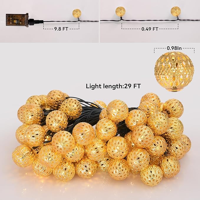 Moroccan String Lights Plug-in 60 LED 29ft Indoor Outdoor Waterproof 8 Modes Diwali Lights with Timer & Remote Control, Decorative Globe for Bedroom Christmas, Warm White