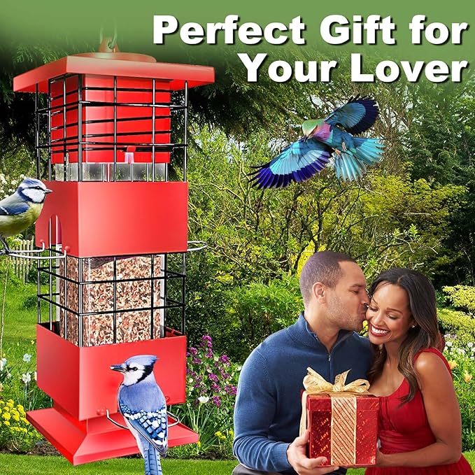 Squirrel Proof Bird Feeder,3Lbs Bird Feeders for Outdoors Hanging, Metal Birds Feeder with 4 Feeding Ports, Wild Birds Feeder for Cardinal, Finch, Sparrow (Red)