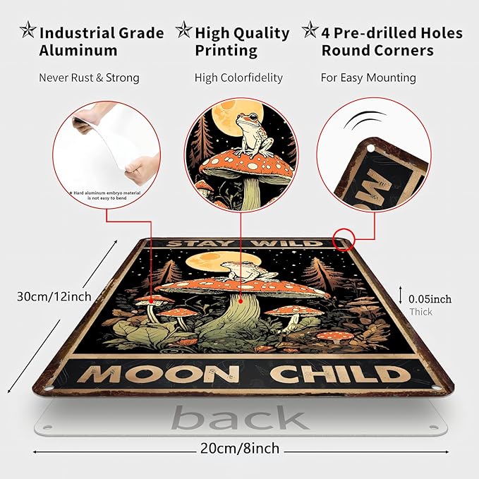 Funny Frog Mushroom Metal Sign, STAY WILD MOON CHILD Cottagecore Goblincore Wall Art, Vintage Tin Plaque for Bathroom Kitchen Bedroom, Whimsical Forest Decor, Mushroom Gifts - 8x12 Inches