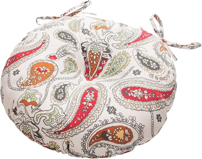Magpie Fabrics Outdoor Round Bistro Seat Cushions with Ties, 15"x15"x4" Set of 2, Tufted Waterproof Barstool Chair Pads for Patio Home Garden Office, Paisley Beige Red