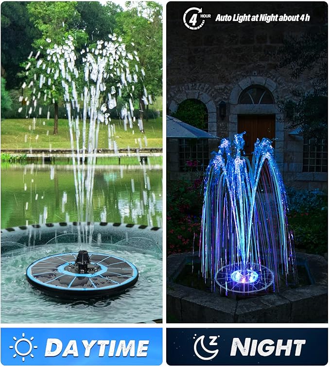 Yzert Solar Fountain Glass Panel with 2200 mah Battery, 3.5W Floating Solar Water Fountain with 4 Fixed Rods, Solar Pump for Bird Bath, Garden, Pond, Pool, Outdoor (Blue Panel Colorfu Lights)