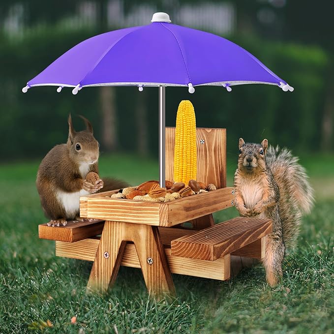 Gnodary Squirrel Feeder with Umbrella, Squirrel Feeders for Outside, Squirrel Picnic Table Feeder - Chipmunk Feeder Hold Corn, Corn Cob, Peanuts (Dark Purple)