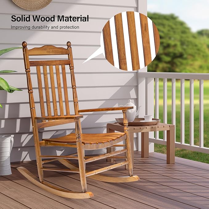 VINGLI Wooden Rocking Chair Outdoor, Patio Rockers with High Back, Support 450 LBS Rocking Chairs, for Porch, Patio, Balcony, Garden, Yard (Oak, 1 PC)