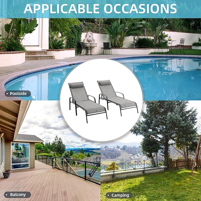 EROMMY Pool Chaise Lounge Chair Set of 2, Outdoor Lounge Chairs with Adjustable Backrest, Waterproof Upgraded Patio Lounge Chairs for Beach Yard Poolside