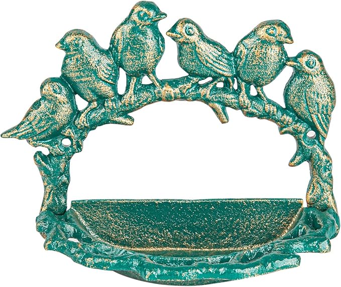 Sungmor Cast Iron Wall Mounted Bird Feeder, Cute Bird Decor Small Water Bath, Wall Hanging Fence Mount Bird Bath Feeder, Beautiful Green Birdfeeder for Garden Backyard Patio Wall Decoration
