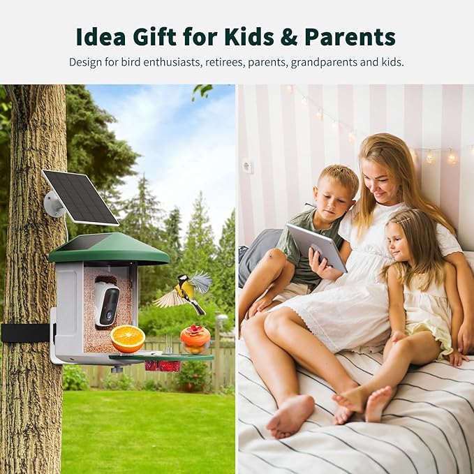 Bird Feeder with Camera with AI Identify Birds Species Solar Powered, Smart Bird House with Cam, 2K HD Video Live Stream, Instant Arrival Alerts - Green