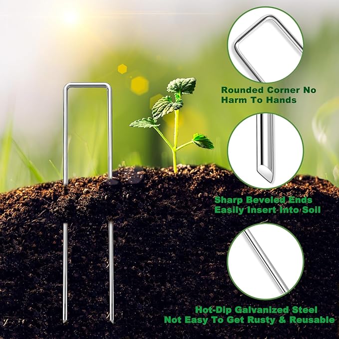 6 Inch Landscape Staples Set, 11 Gauge Galvanized U-Shaped Garden Stakes (50 Pack) with Gaskets, Hook Tool & Rubber Mallet for Weed Fabric & Landscaping