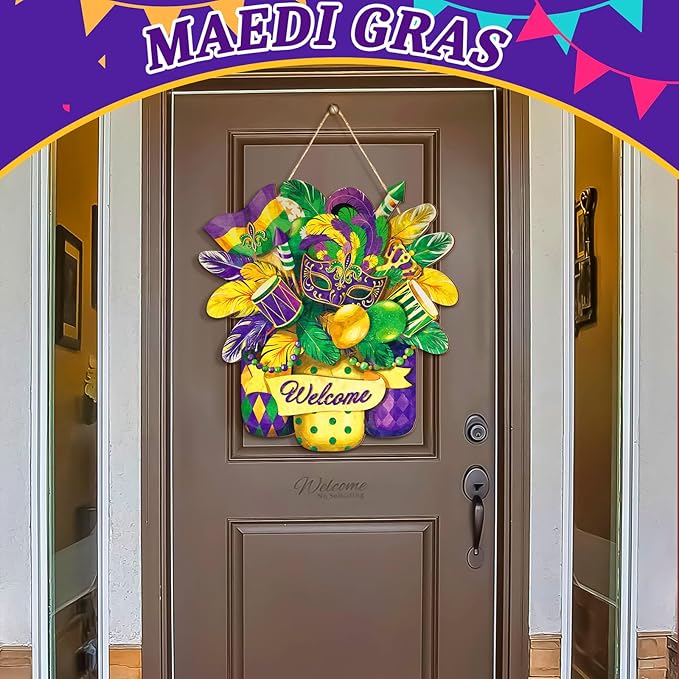 Boao Welcome Mardi Gras Door Decorations Mardi Gras Sign Hanging Decoration wall Hanger Masquerade Carnival Wreath for Outdoor Farmhouse Porch Front Door Decor