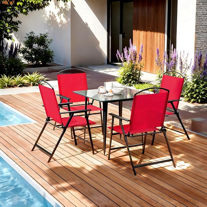 Outdoor Folding Patio Dining Chairs Set of 4 With Armrest Heavy-Duty Lightweight Protable Foldable Patio Sling Chair for Garden Lawn Poolside Backyard Deck Bistro Balcony Sillas Furnitures(4, red)