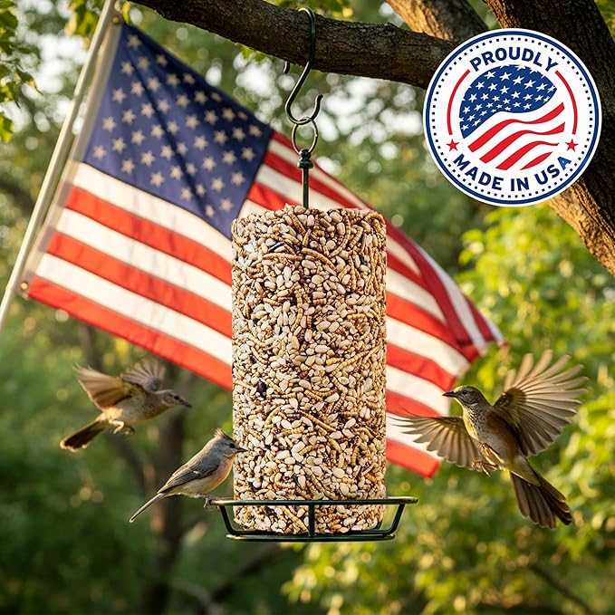 Mealworm Bird Seed Cylinders with Hole – Premium Mealworm Birdseed Log – Sunflower Chips & Dried Mealworms for Wild Birds – Natural High Energy Seed Cylinder – No Fillers – USA Made (4" x 7.75")