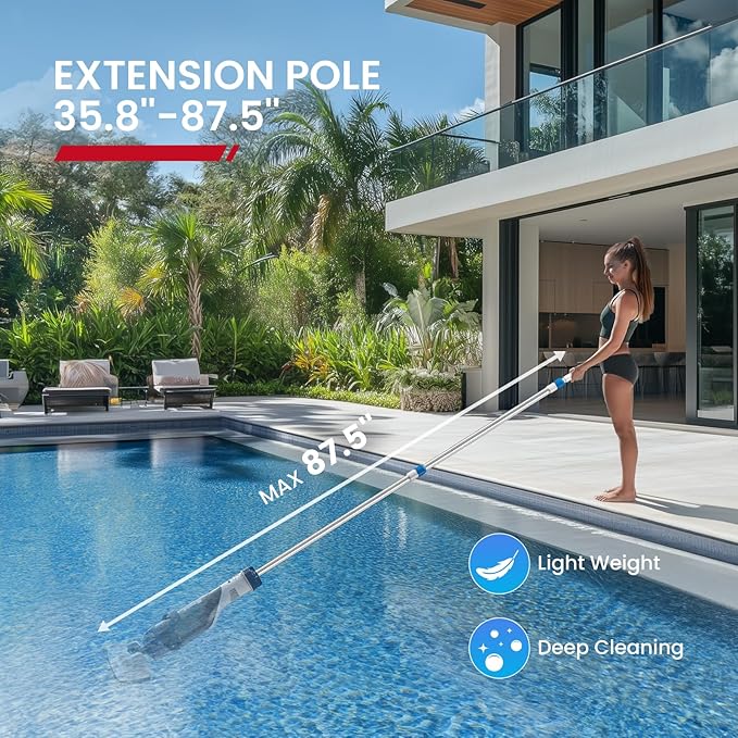 ENHULK Pro Cordless Pool Vacuum - 18.5 GPM Powerful Suction, 70min Runtime & 13.4" Wide Head, XL Capacity Handheld Rechargeable Pool Cleaner for Inground/Above Ground Pools with Telescopic Pole (Blue)