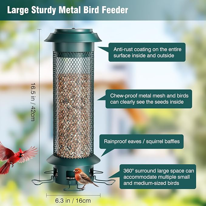 Large Squirrel-Proof Bird Feeder with Removable Tray, Weight-Activated Outer Cage, 5 Perches, 4 lb Capacity, Easy to Fill & Spill-Proof, Tube Bird Feeder for Outdoor Cardinals, Finches
