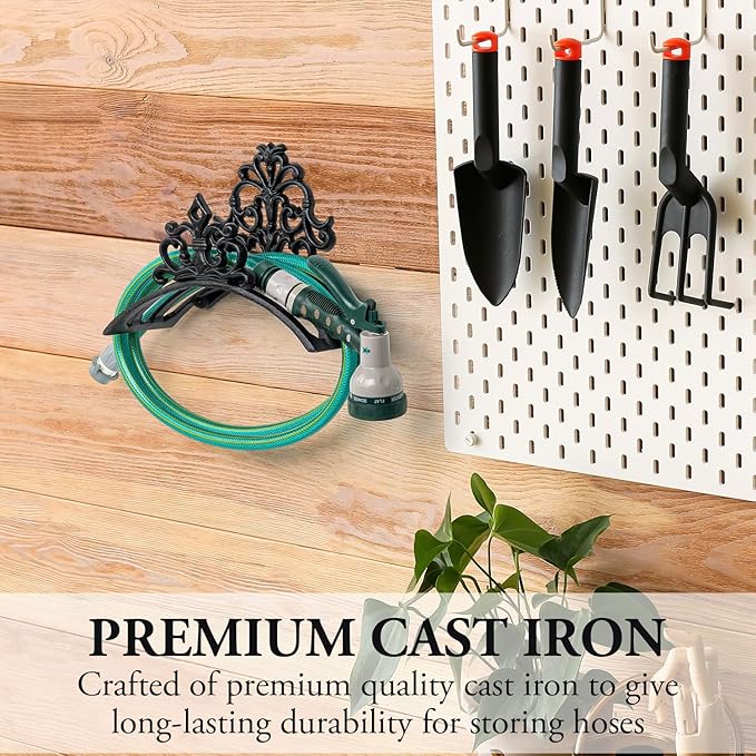 MyGift Wall Mounted Garden Hose Holder, Decorative Vintage French Floral Scrollwork hose Reel Hanger, Black Cast Iron Water Hose Storage Rack