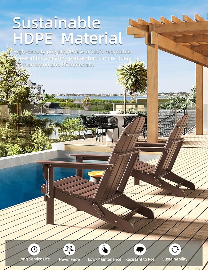 Folding Adirondack Chair - Durable HDPE Poly Lumber All-Weather Resistant, Foldable Oversized Balcony Porch Patio Outdoor Chair for Lawn, Backyard, Deck, Garden, Camping - Easy Installation, Teak