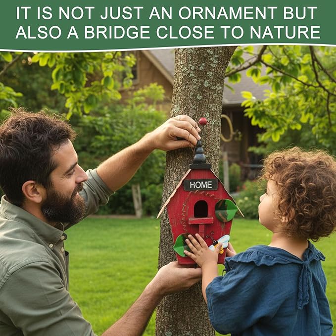 2 Pcs Decorative Birdhouse for Yard Outside Hanging Wooden Birdhouse Hand Painted Bird Box for Bird Lovers Bluebird Tree Swallow Wild Chickadee Garden Decor(Red,Green,Iron Roof)