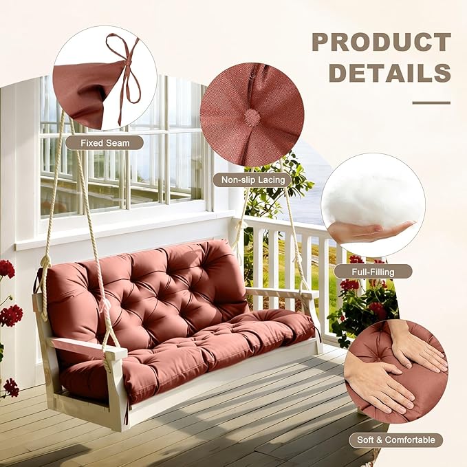 Porch Swing Cushion with Backrest,Waterproof Bench Cushion for Outdoor Furniture,2-3 Seater Replacement Thickened Swing Cushion with Ties,Patio,Outdoor,Backyard and Garden (Coffee,60x40)