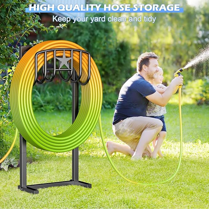 Garden Hose Holder – Heavy-Duty Freestanding Metal Stand, Holds 150FT Hose, with Stable 4-Spike Base, Easy to Install for Outdoor Yard, Lawn, Garden (Black)