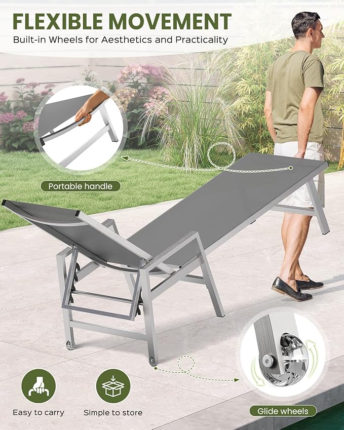 Patio Chaise Lounge Outdoor Chair with Wheels&Armrests, Aluminum Pool Lounge Chairs 5-Position Adjustable Recliner, Outdoor Beach Lounge Chairs for Poolside, Patio, Deck, Yard, Dark Gray
