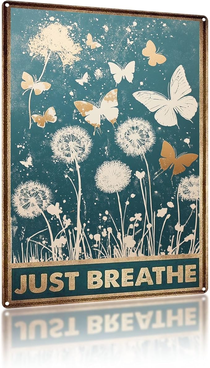 Vintage Garden Metal Tin Signs Dandelion Butterfly Just Breathe Funny Tin Sign Rustic Indoor Outdoor Wall Decor for Home Garden Yard Farmhouse Greenhouse Patio Porch Bar 8×12 Inch