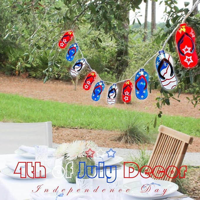 SUNSGNE 4th of July Decorations Lights 8.5FT Red White Blue String Lights, Indoor Beach Slipper Summer String Lights with 10 Slipper Lights for Patriotic Independence Day Outdoor Beach Party Decor