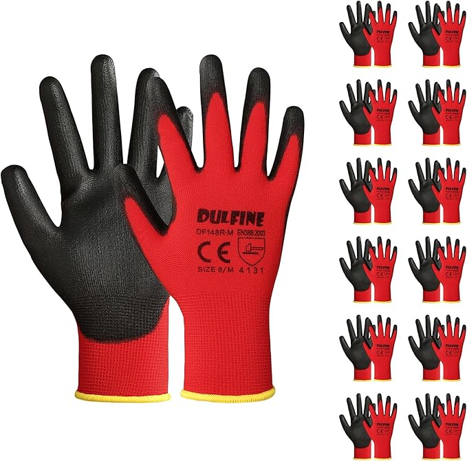 Safety Work Gloves PU Coated-12 Pairs,Red Seamless Knit Glove with Polyurethane Coated Smooth Grip on Palm & Fingers, for Men and Women, Ideal for General Duty Work (Extra Large)