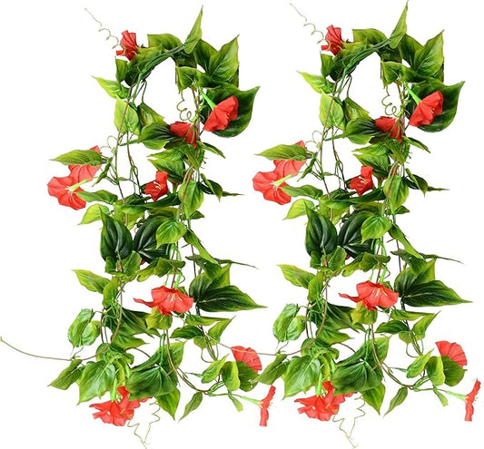 AirSun Artificial Morning Glory Flower Vines, 2pcs 15Feet Hanging Plants Silk Garland Fake Green Plant Home Garden Wall Fence Indoor Outdoor Wedding Birthday Decor