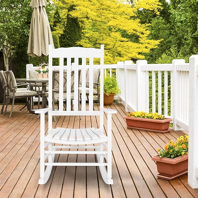 VINGLI Classic Wooden Rocking Chair with Handcrafted Comfort, Eco-Friendly and Durable Rocking Chair, Elegant and Stable Rocker for Indoor and Outdoor Use, White