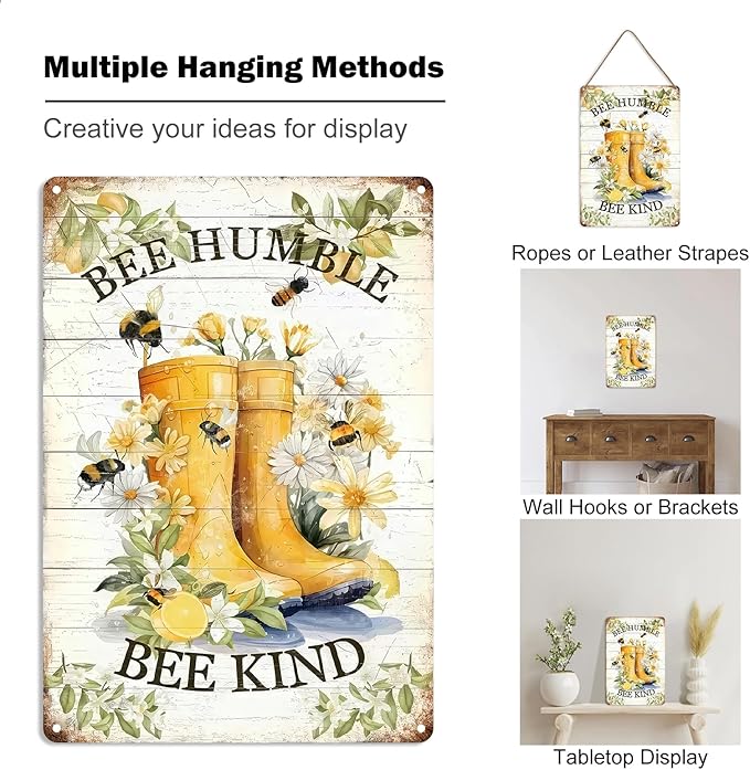 Vintage Metal Tin Sign Inspirational Quotes Wall Decor "BEE HUMBLE BE KIND" Retro Wall Art for Home Outdoor Office Coffee Shop Cafe (8x12 Inch)
