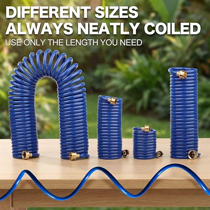 EVA Coil Garden Hose for Gardener: Retractable Self Coiling Hoses with 3/4" GHT Solid Brass Fittings - Kink Free and Flexible for Home and Garden Yard (15FT, Blue)