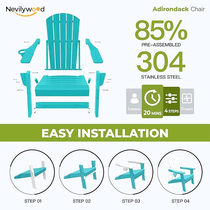 nevilywood Folding Adirondack Chair with Cup Holder Set of 4, HDPE Patio Chairs,All-Weather Outdoor Chairs for Backyard, Deck,Fire Pit-Aruba