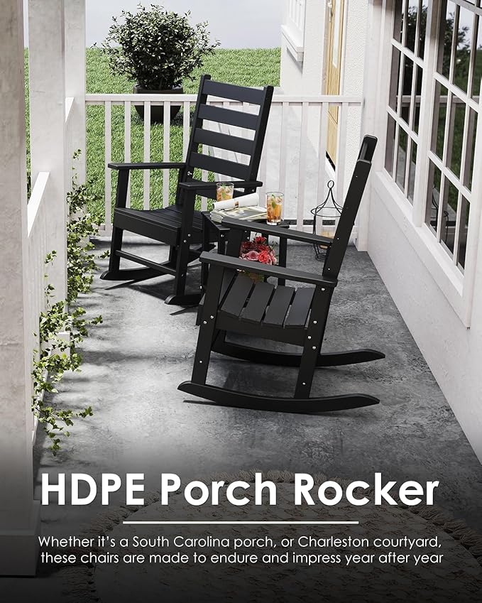 GREENVINES Outdoor-Rocking-Chair | HDPE Plastic | Patio Rockers | Porch Rocker Chairs | Shaker | Oversized | High Ladder Back | Big & Tall | PentaLuxe | Black