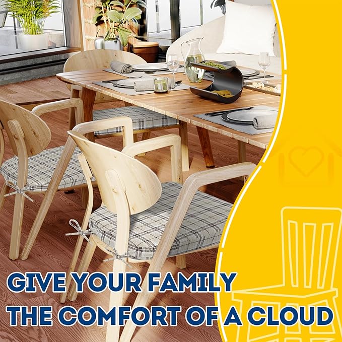 AAAAAcessories D-Shaped Chair Cushions, 2" Thick Dining Chair Pads with Ties and Removable, Machine-Washable Cover, 17" x 16", Yellow Checkered