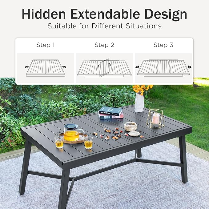 PHI VILLA 9 Pieces Outdoor Dining Set for 8, 84" Long Expandable Metal Steel Table & Stacking Wrought Iron Chairs, Modern Furniture Set for Patio, Deck, Yard, Porch - Black
