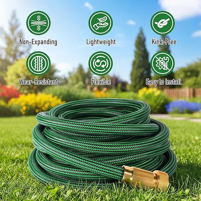 Garden Hose 25 ft NON-EXPANDABLE Water Hose, Flexible & Lightweight Kink Resistant Hybrid Hose, Leak-Proof Heavy Duty, Super Durable Fabric with 3/4" Solid Brass Connectors