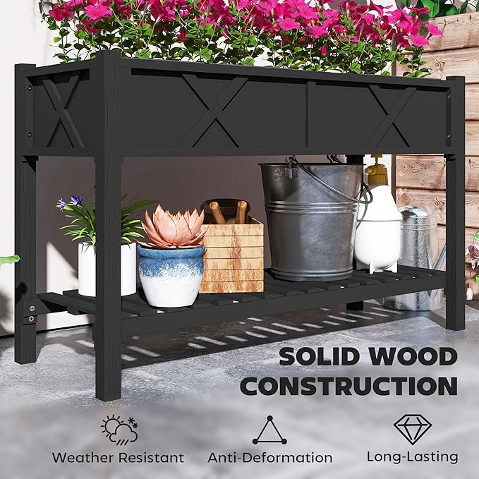 Outsunny Raised Garden Bed, Elevated Wood Planter Box with Storage Shelf, Drainage Holes and Liner for Backyard, Patio, Balcony, 47 x 22 x 31.5 in, Black
