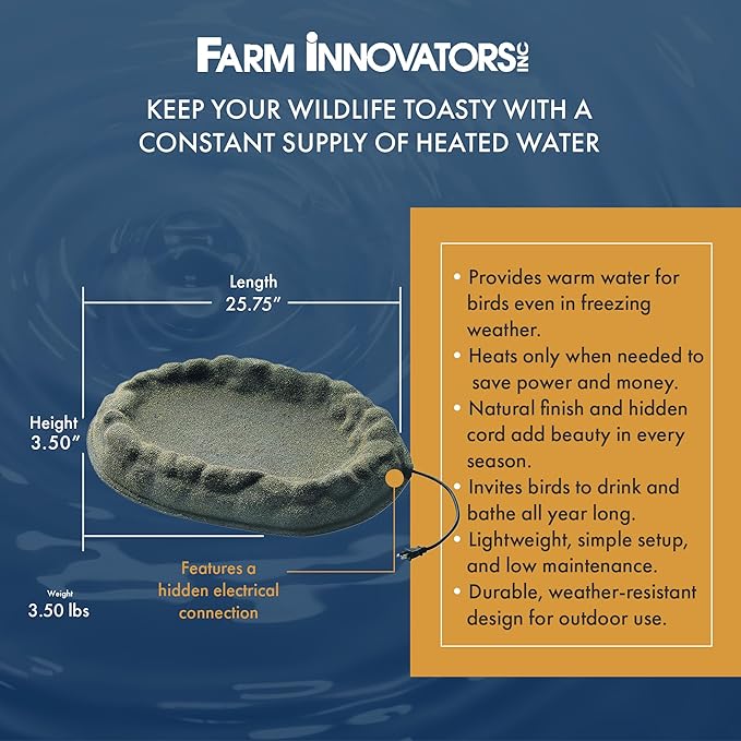Farm Innovators Heated Bird Bath, Four Seasons Outdoor Decor Shallow Bath Tray for Birds - Backyard & Garden Birdbath with Sand Coated Design
