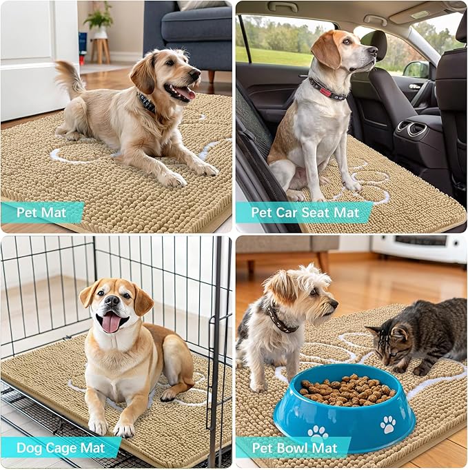 OLANLY Dog Door Mat for Muddy Paws 40x24, Paw Print Design, Absorbs Moisture and Dirt, Absorbent Non-Slip Washable Doormat, Quick Dry Chenille Mud Mat for Dogs, Entry Indoor Entryway Carpet, Beige