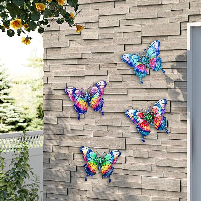 SUNREEK 4Pcs Metal Butterfly Wall Decor, 9 Inches Butterfly Outdoor Wall Art for Fence Garden Yard Room Patio Balcony
