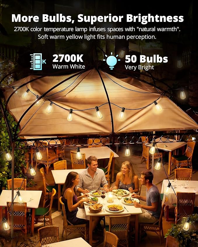 VIPAR Outdoor String Lights, 100FT 52 ST38 Bulbs Patio Lights Outdoor Waterproof, Shatterproof Vintage Edison LED Outside Hanging Light for Backyard, Porch, Garden, Deck, Bistro, 2700K Dimmable
