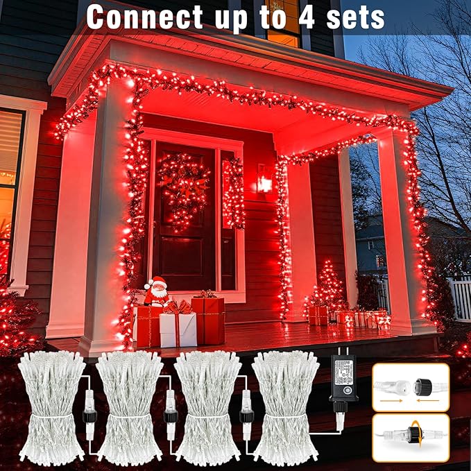 100FT 300 LED Outdoor String Lights, Connectable Valentines String Lights Waterproof with 8 Modes, Plug in Twinkle Fairy Lights Clear Wire for Indoor Bedroom Home Wedding Patio Decorations, Red