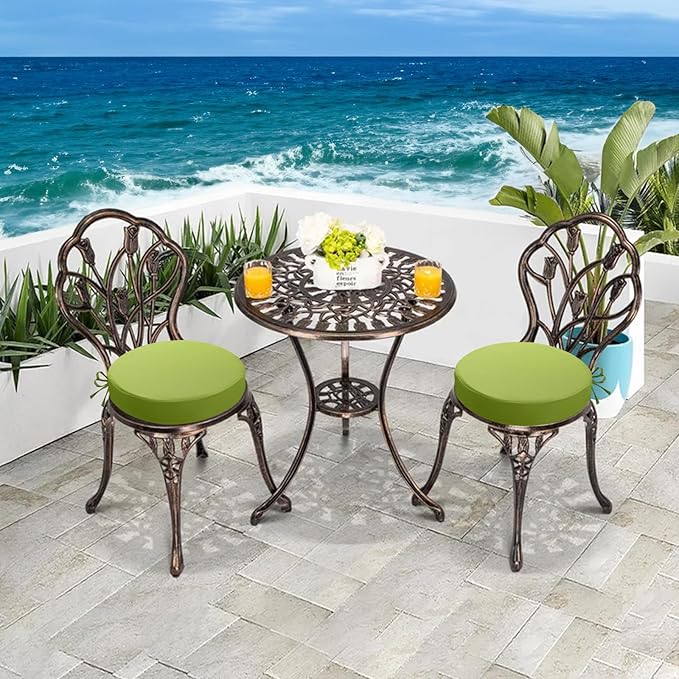 idee-home Outdoor Bistro Chair Cushions, 15”x15”x 3” Thick Outdoor Round Seat Cushions Set of 2 with Ties, Waterproof Round Patio Furniture for Garden