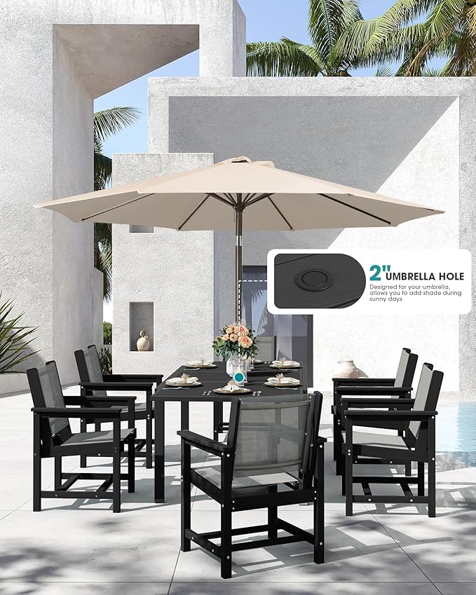 SERWALL 5-Piece Outdoor Table and Chairs, 60" - 83" Expandable Outdoor Dining Table with 4 Breathable Textilene Chairs, All Weather HDPE Patio Furniture Set for Backyard, Garden, Black